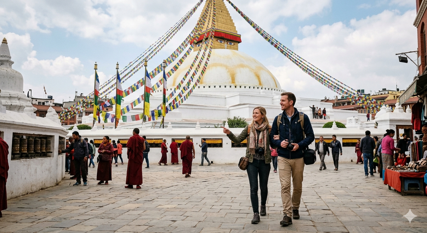 Boudhanath stupa with prayer flags, tourists, and Buddhist monks
