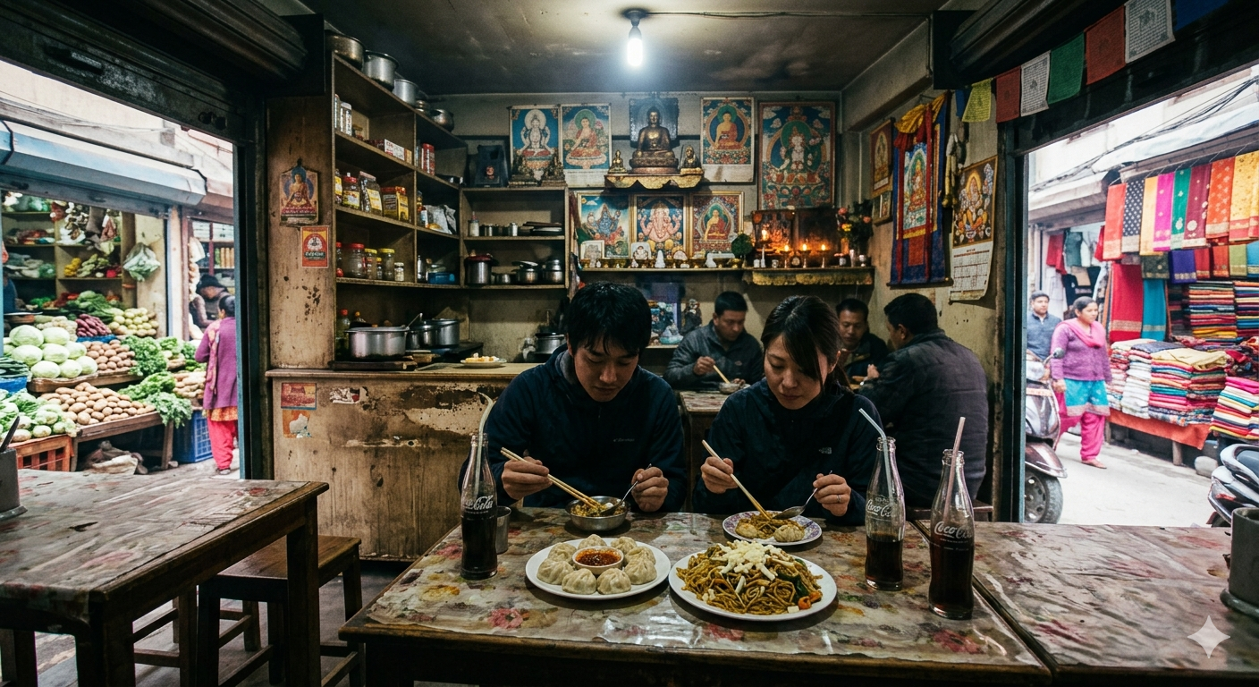 Local diners eating in a small Nepali eatery near Boudhanath