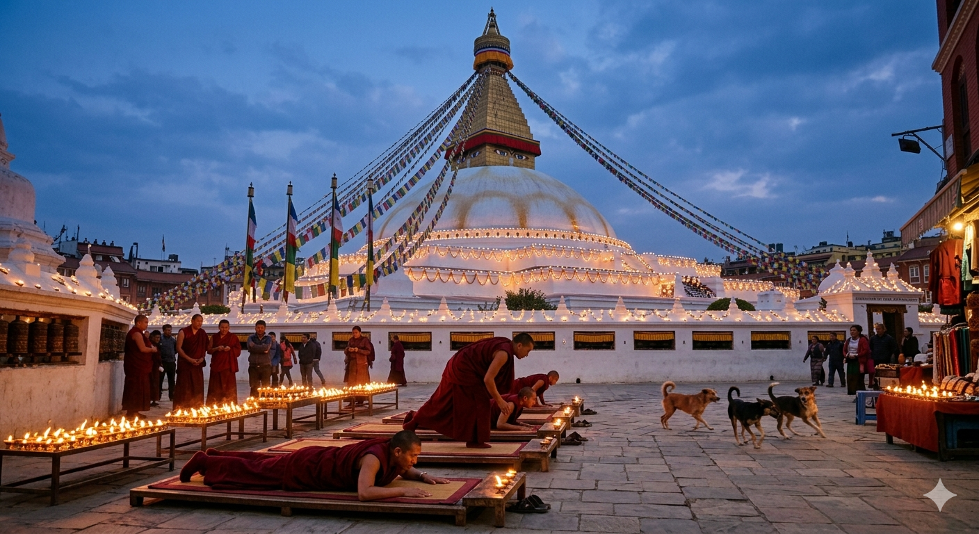 Boudhanath stupa at dusk with monks performing prostrations and rows of butter lamps