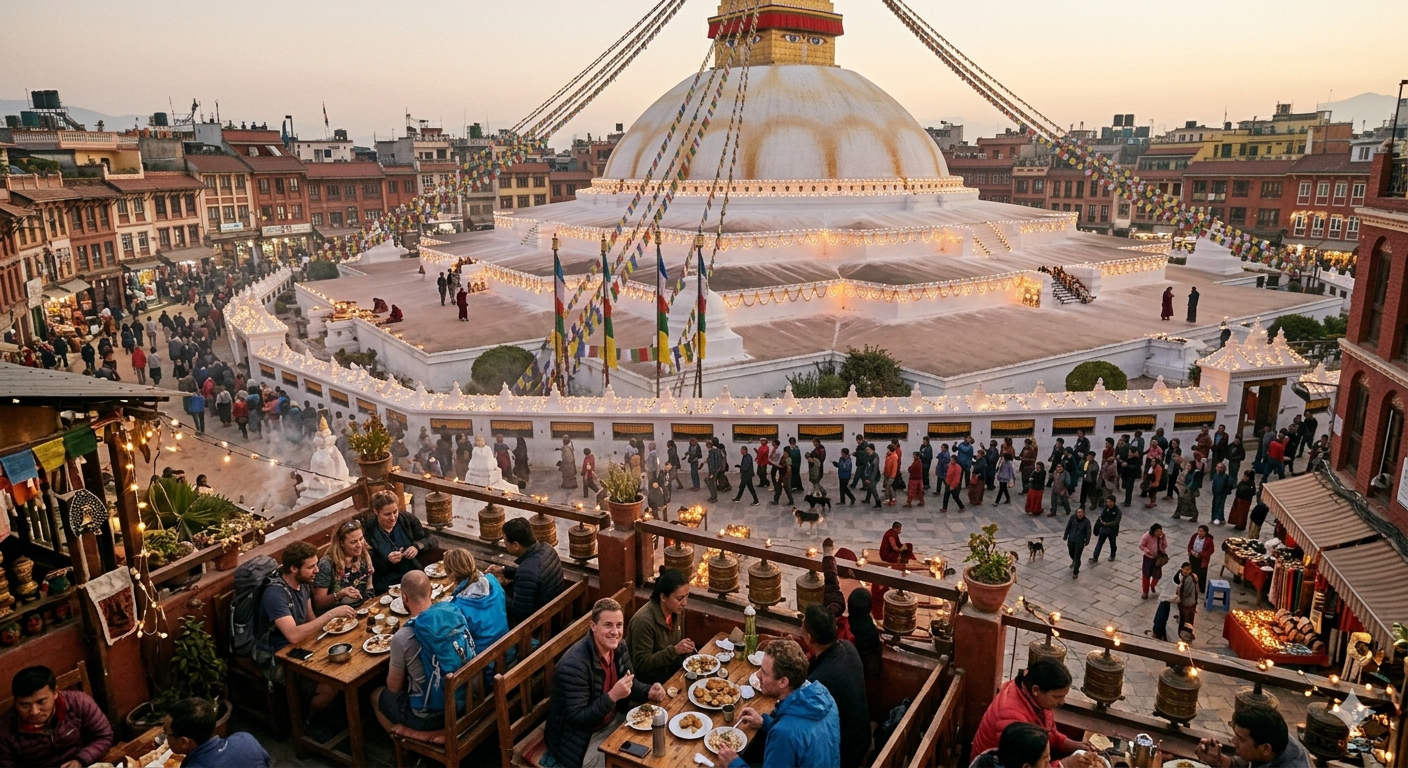 Rooftop café overlooking Boudhanath stupa with diners in the foreground and pilgrims walking the kora below