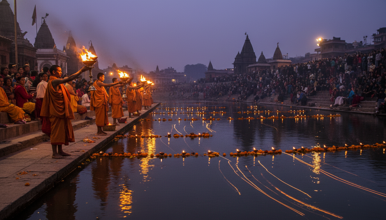 Evening Bagmati Aarti with priests holding flaming lamps along the river