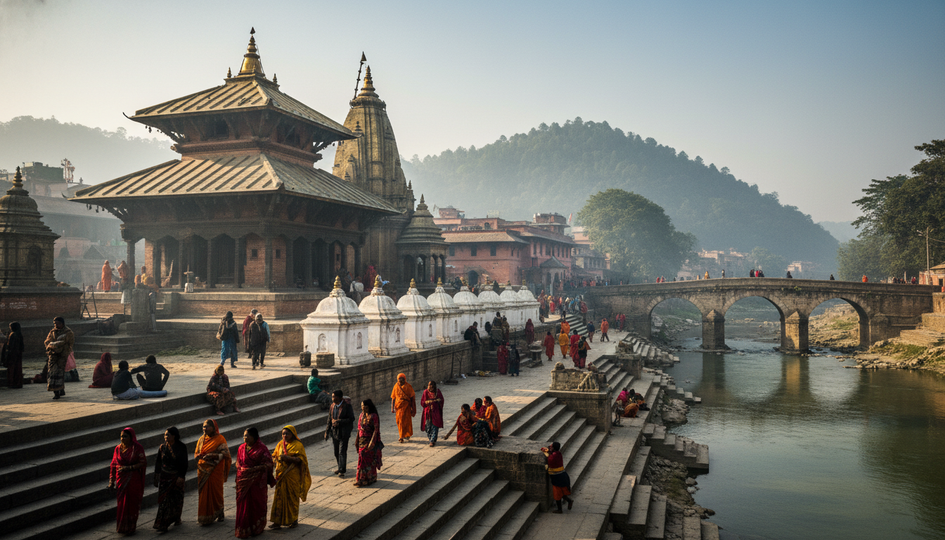 The main shrine of Pashupatinath seen from the east bank of the Bagmati River, with ghats lining the river