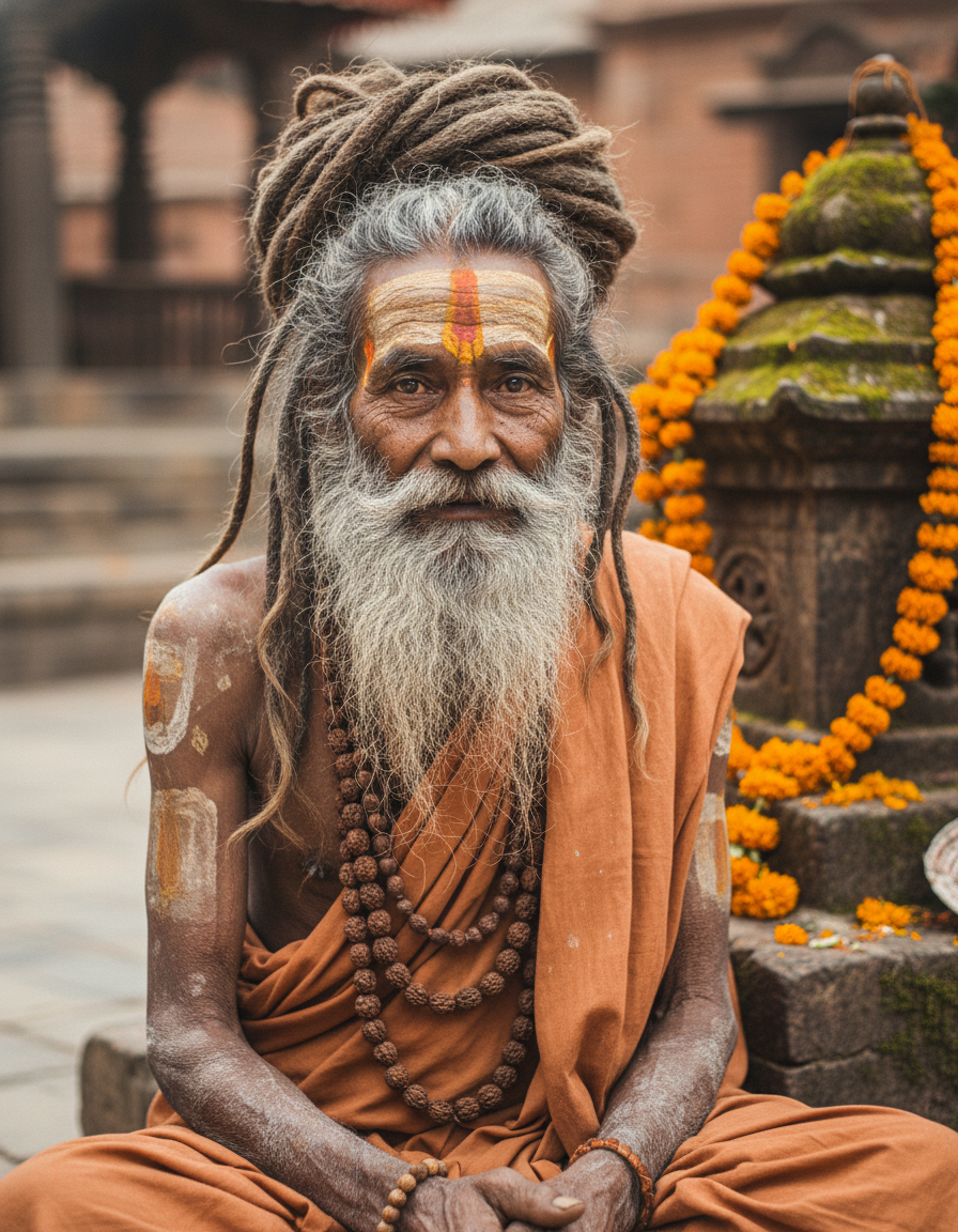 A sadhu with colorful tilaka markings and ash, sitting at Pashupatinath