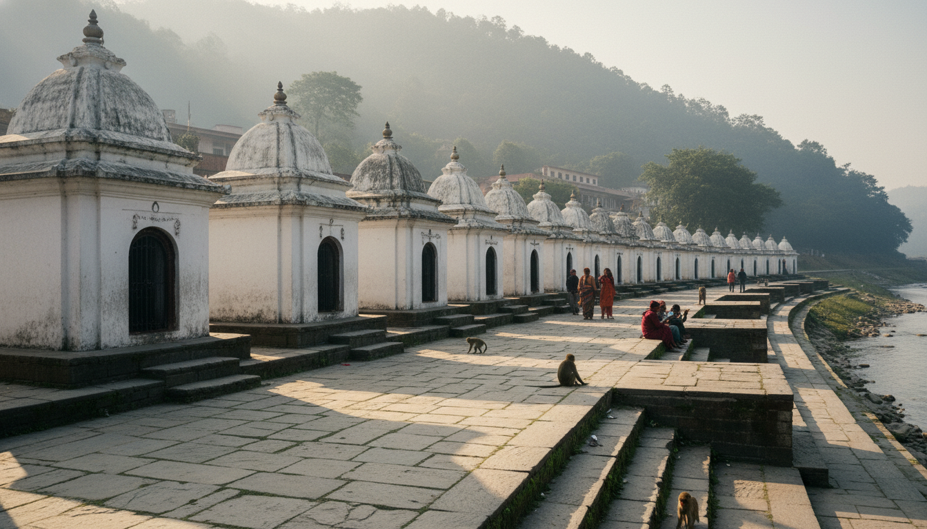 A row of white stone Shiva shrines along the Bagmati riverbank