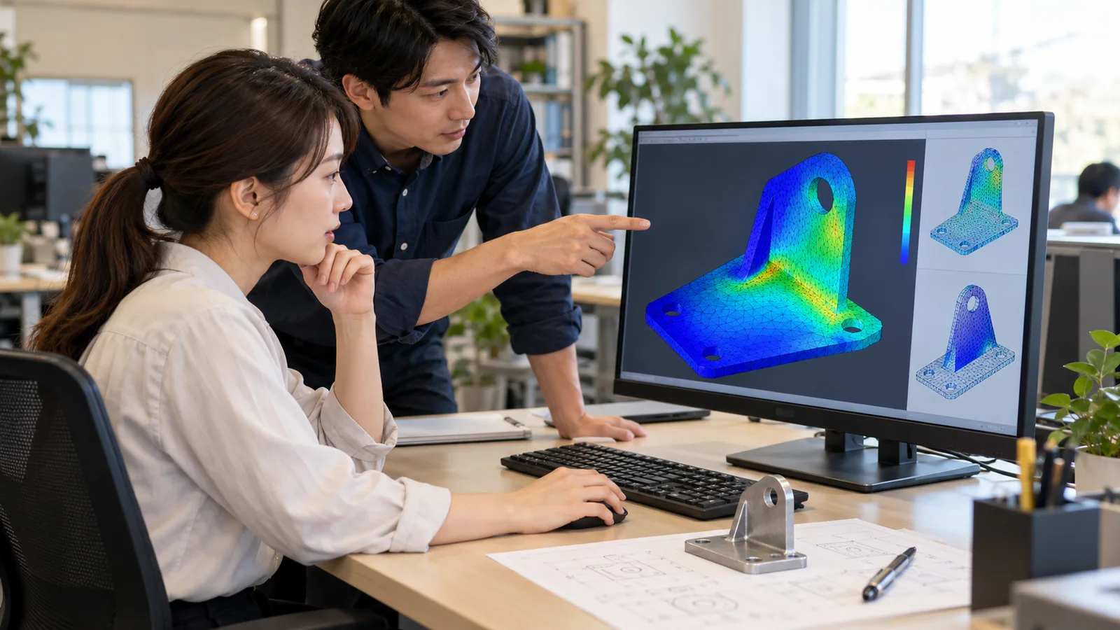 解析画面と実物の部品を見ながら、二人の技術者が結果を検討する場面