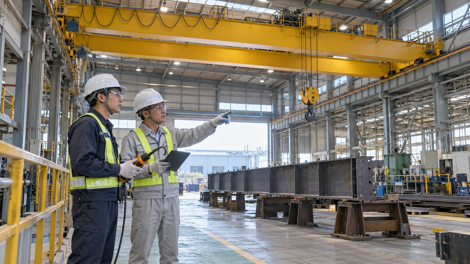 天井クレーンのある工場で、保護具を着けた二人の作業者が打合せする場面