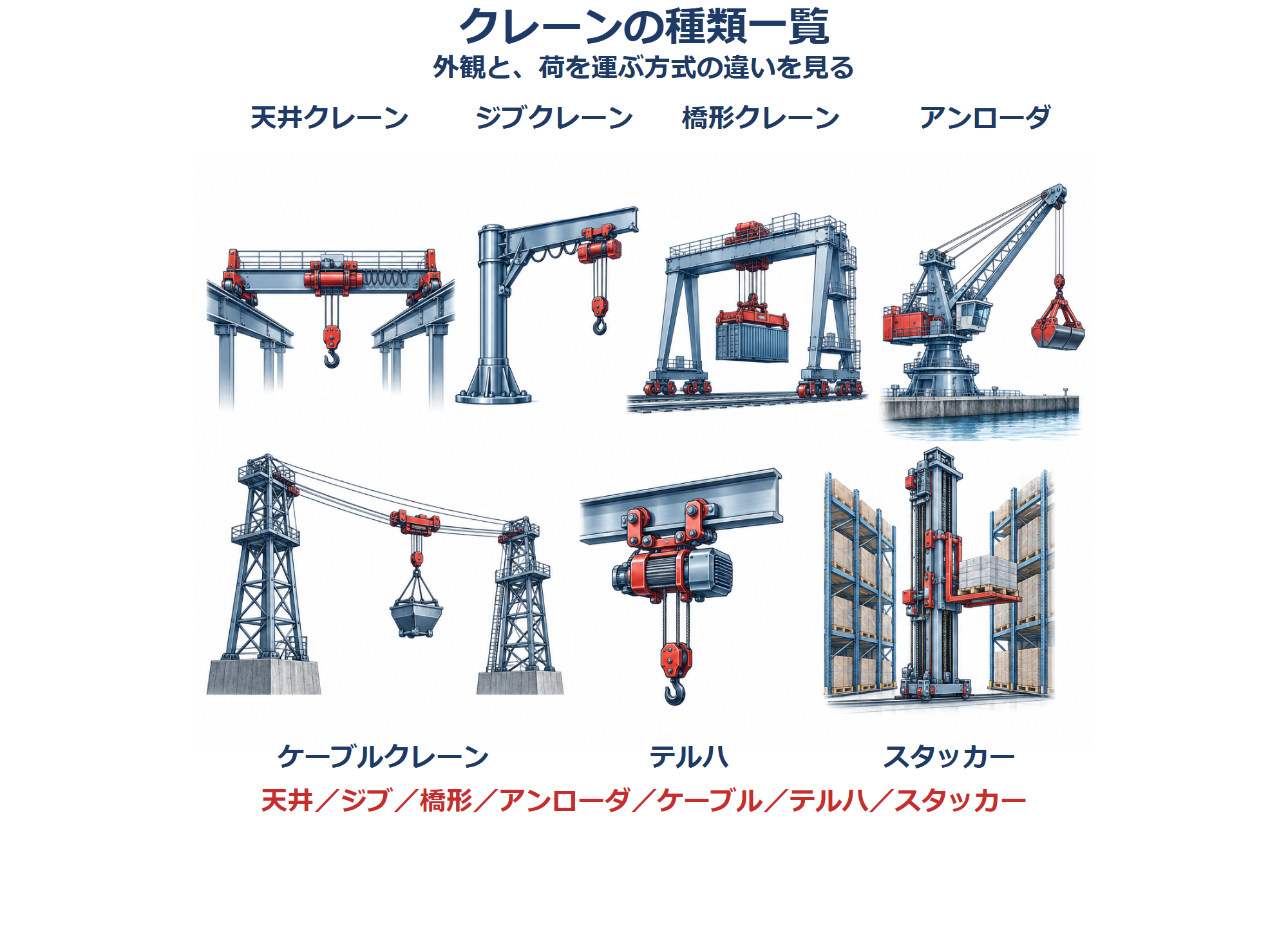 クレーンの種類。外観と基本機能を示す模式図。能力・機構・設置方法は用途と機種により異なる