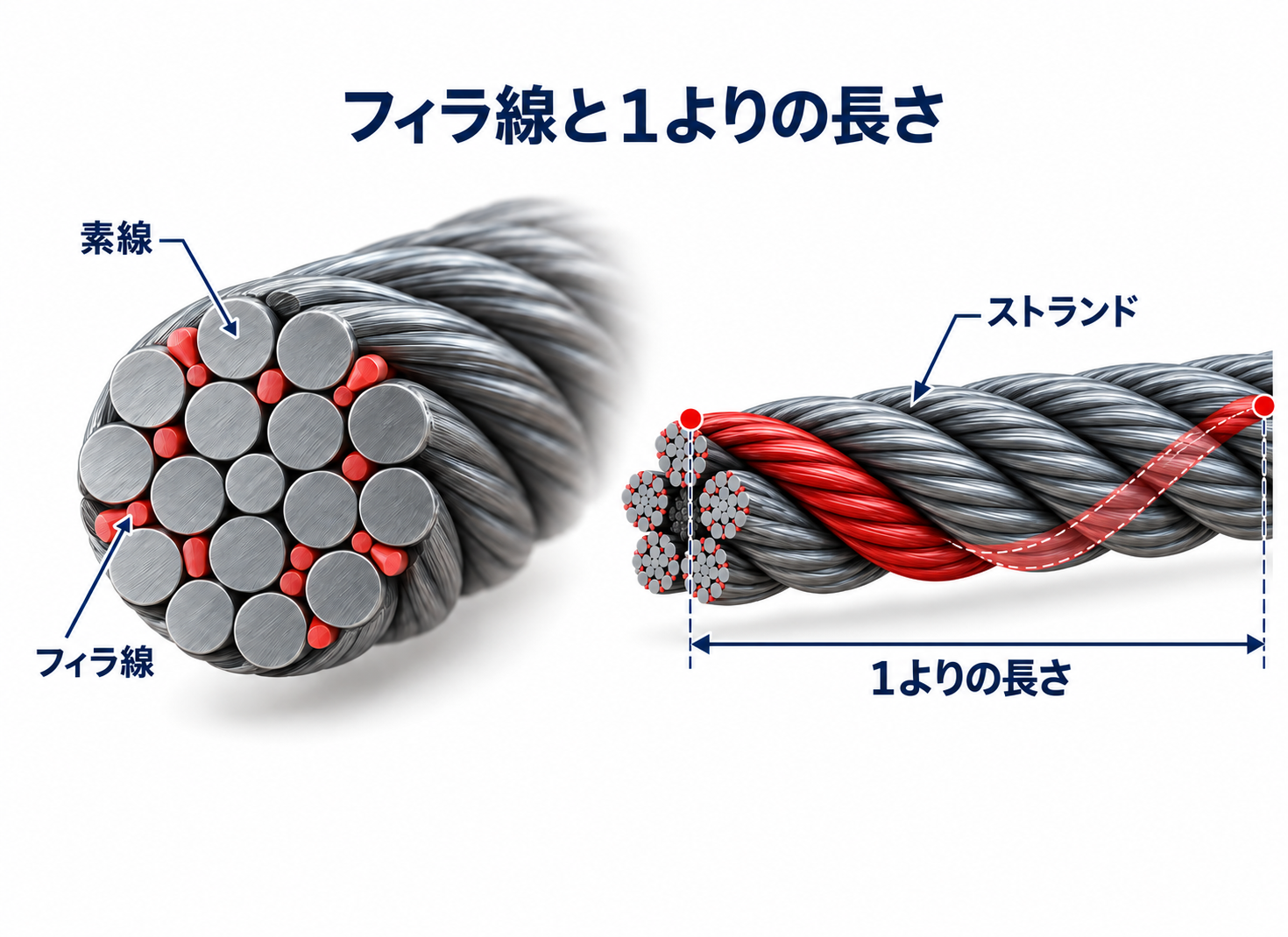 赤い細線がフィラ線。右の赤いストランドが1回転して、同じ側に戻るまでの長さが「1より」。断線率ではフィラ線を除く。