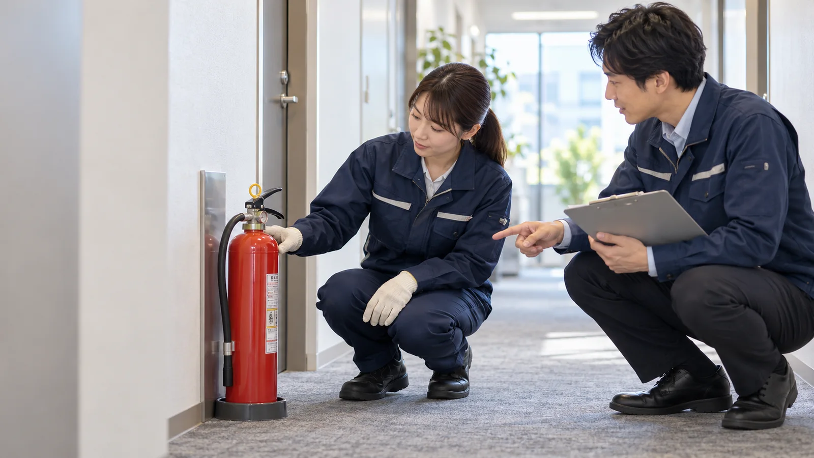 消火器の状態を確認し、記録について相談する二人の設備担当者の場面