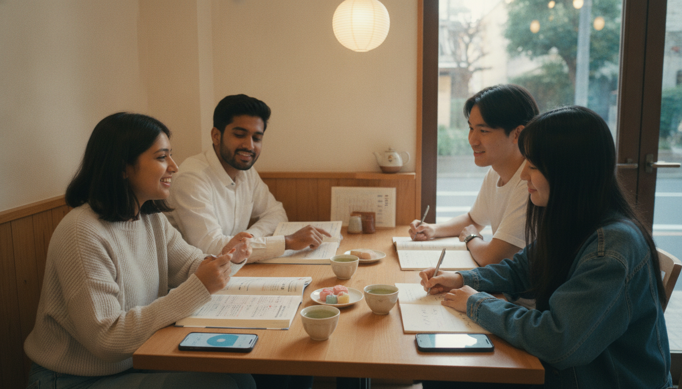 日本のカフェで日本語を学ぶ多国籍の在留外国人グループ