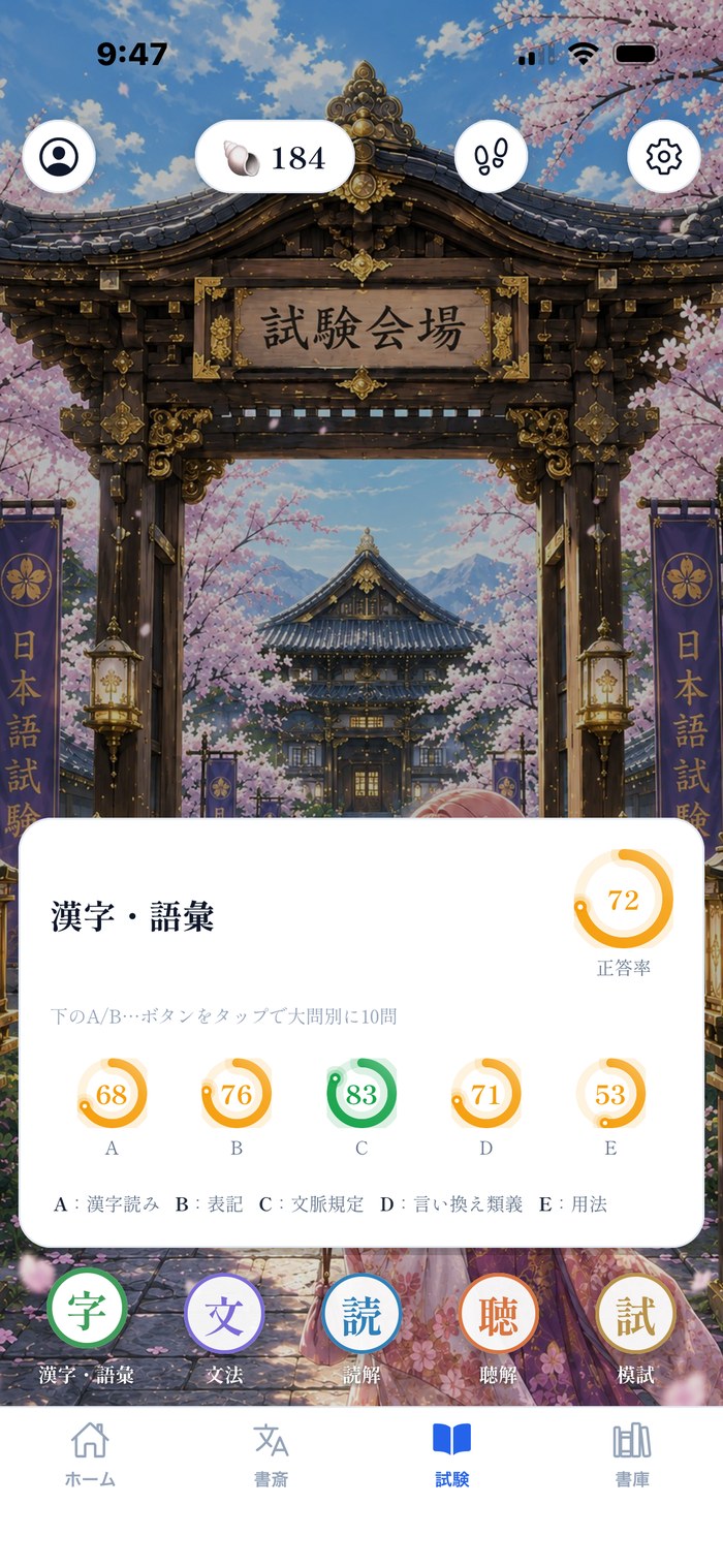 試験タブ ─ 本番と同じ出題形式(大問)。漢字・語彙の大問別練習と正答率