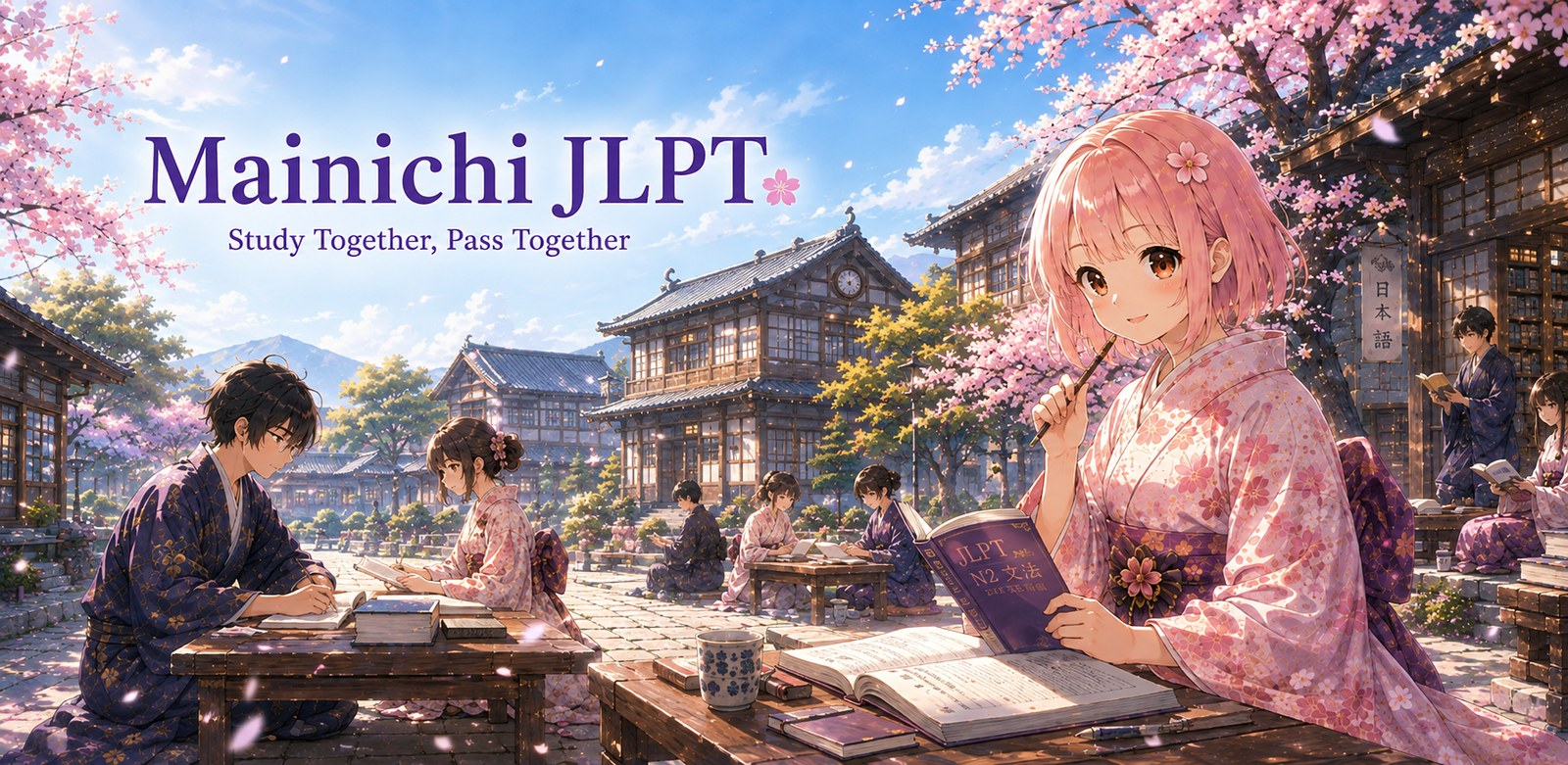 Mainichi JLPT — Study Together, Pass Together. Learn with everyone in a cherry-blossom Japanese town